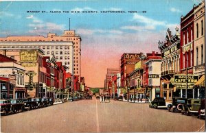 Postcard TN Chattanooga Market Street Dixie Highway Steak House Hotels 1936 K71