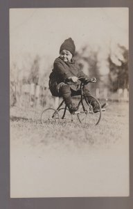 Manly IOWA RPPC c1920 TRICYCLE RIDING Little Boy Pedaling TRIKE Toy CUTE! IA