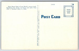 Long Beach CA~Palm Beach Park~Rollercoaster~Flowers~Palms~Linen 1940s Postcard