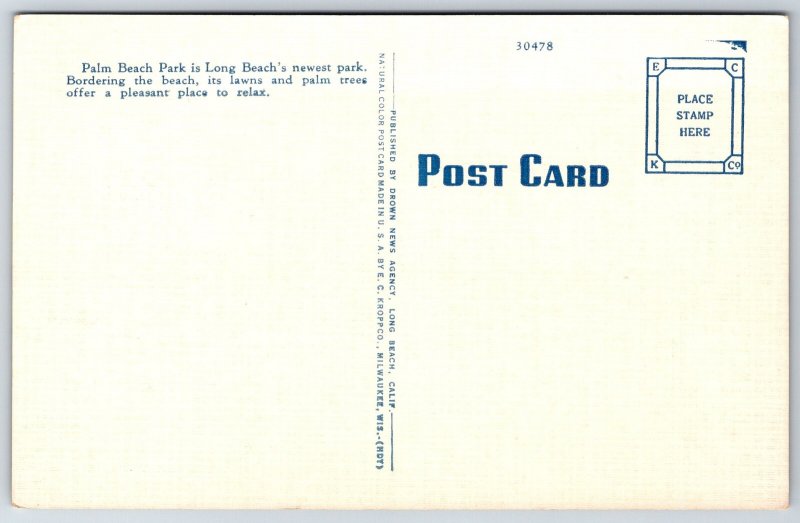 Long Beach CA~Palm Beach Park~Rollercoaster~Flowers~Palms~Linen 1940s Postcard