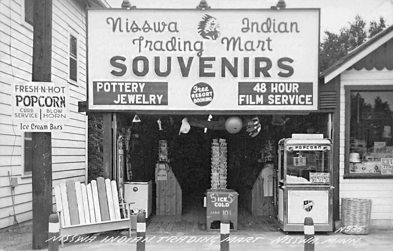 Nisswa MN Indian Trading Mart Popcorn Machine Real Photo Postcard Rack