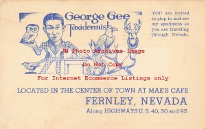 Advertising Postcard, George Gee Taxidermist,  Fernley Nevada, 1949 PM