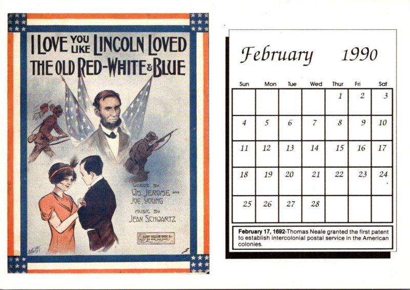 Calendar Card February 1990 I Love You Like Lincoln Love Red White & Blue