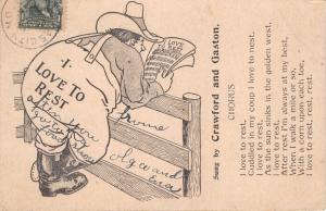 I LOVE TO REST~SONG~CHORUS~BY CRAWFORD & GASTON MUSIC RELATED POSTCARD 1900s