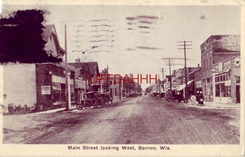 1929 MAIN STREET LOOKING WEST, BARRON, WI vintage gas station and automobiles