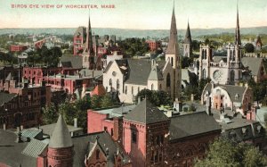 Vintage Postcard Birds Eye View Buildings Churches Worcester Massachusetts MA