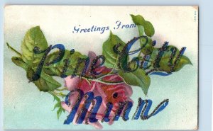 Pine City Minnesota MN Postcard Greetings Flowers Glitter 1910 Vintage Antique