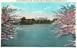 Vintage Postcard 1931 Lincoln Memorial & Japanese Cherry Blossoms Washington DC