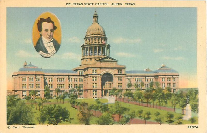 Austin TX State Capitol & Stephen Austin Image Linen Postcard