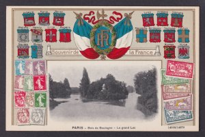 FRANCE, Postcard, Paris, Embossed Coat of Arms, Bois de Boulogne, The big lake