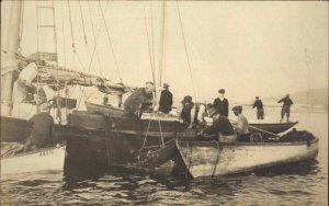 Men Net Fishing Boats Fishermen Boothbay Written on Back c1920s-30s RPPC
