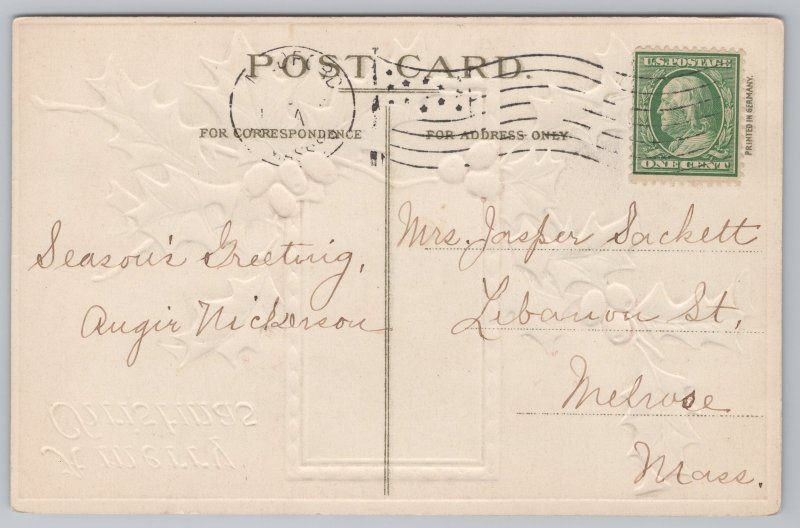 Holiday~Christmas~Houses in Winter~Holly~Vintage Postcard