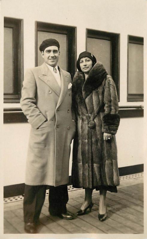 c1920 Real Photo PC Fashion Costume Couple on Cruise Ship Europe Fancy Fur Coat