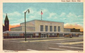 Vintage Postcard 1930's Union Depot Modern Detail Large City Plaza Akron Ohio OH