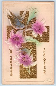 c1910's Easter Holy Cross With Lilies Flowers And Bird Airbrushed Postcard