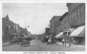 Ligonier IN Cavin Street View Business District Race Car Postcard