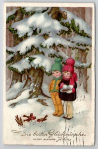 Children Feeding Birds In Forest New Years Greetings Postcard L23