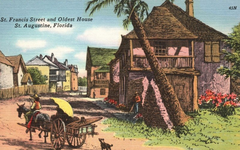 ?Vintage Postcard 1930's St. Francis Street & Oldest House St. Augustine Florida