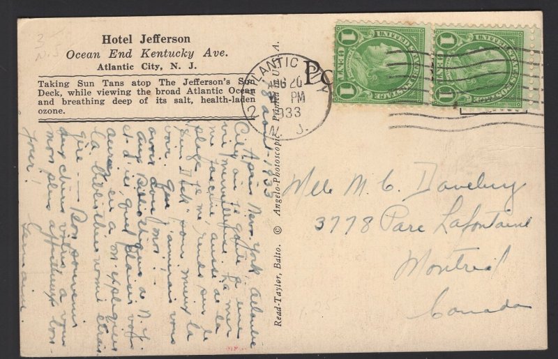 New Jersey ATLANTIC CITY Hotel Jefferson Sun Deck Ocean End Kentucky Ave pm1933