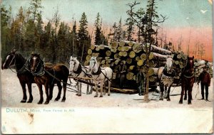 Vtg Duluth MN Horses Hauling Timber Lumber from Forest to Mill 1908 Postcard