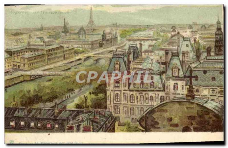 Old Postcard transparent map Paris The panorama of the seven bridges Eiffel T...