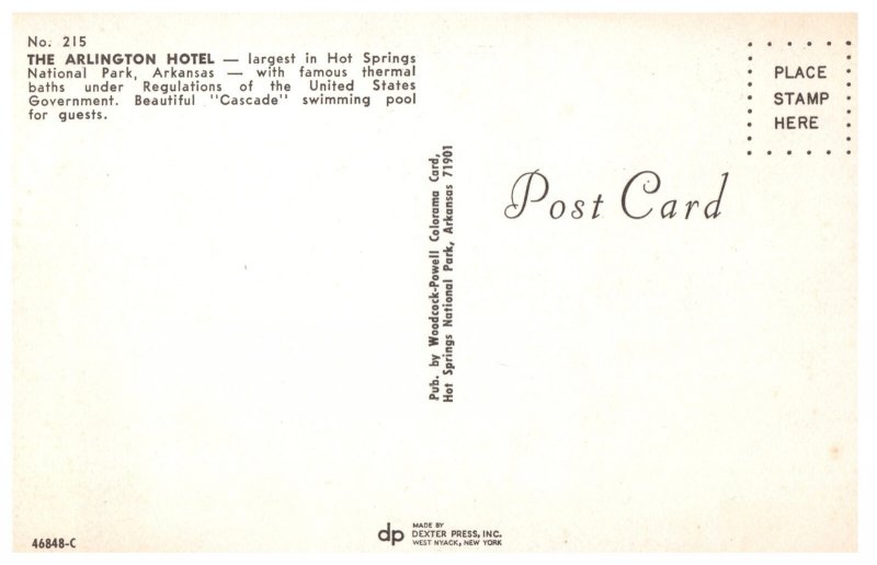 Vintage Arlington Hotel Hot Springs Arkansas Dexter Press Postcard