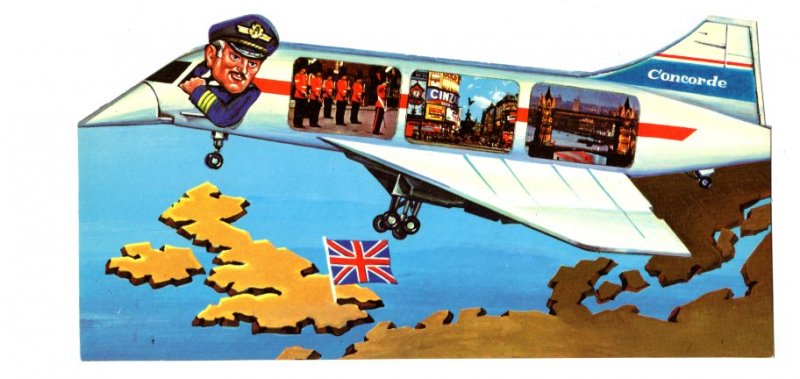 Concord Airplane, Pilot, UK Scenes, Map, Flag, Vintage Novelty Shaped Postcard