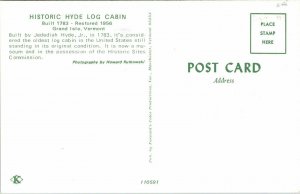 Historic Hyde Log Cabin Grand Isle Vermont VT Fireplace Postcard Koppel VTG UNP 