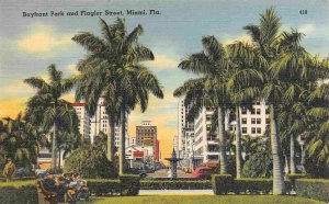 Bayfront Park Flagler Street Miami Florida linen postcard