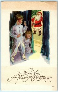 C. 1910 Santa Claus Kids Hiding Christmas Postcard P66