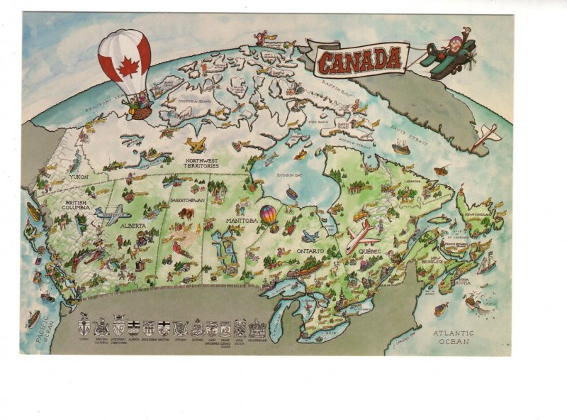 Large 5 X 7 inch Canadian Pictorial Map Canada, Hot Air Balloons, Airplanes