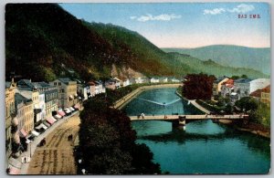 Bad Ems Germany c1910 Postcard Resort Spa Town Stores Along River Bridge