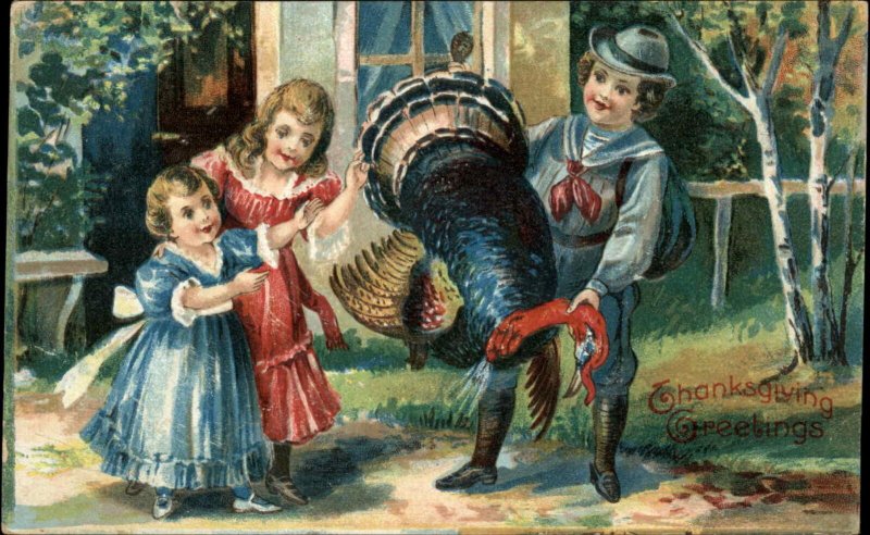 THANKSGIVING Boy Brings Dead Turkey to Little Girls c1910 Postcard