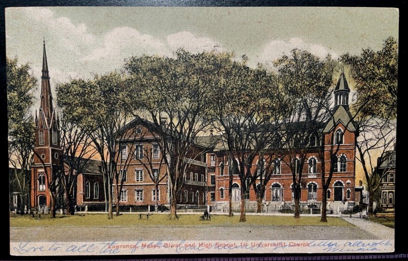 Vintage Postcard 1906 High School & 1st Universalist Church, Lawrence, (MA)