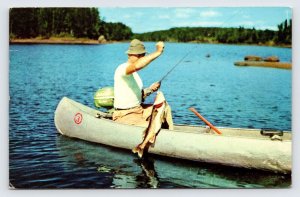 Man Fishing In Canoe, Hilton Beach St. Joe Isle Island, Ontario Vintage Postcard