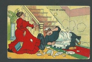 Ca 1914 Post Card Vintage Humor Fall Of China Maid Falls Downstairs W/China