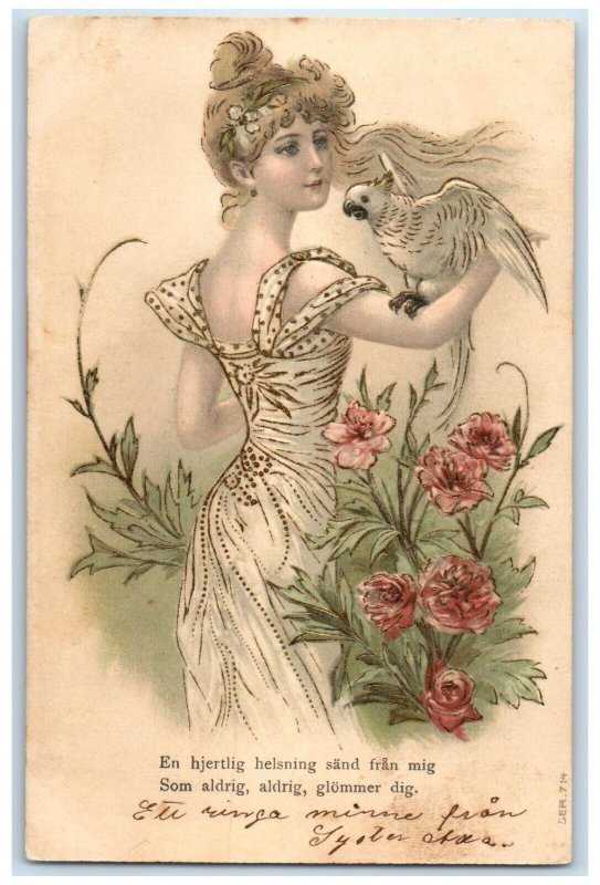 c1905 Pretty Woman With Parrot And Flowers Embossed Posted Antique Postcard