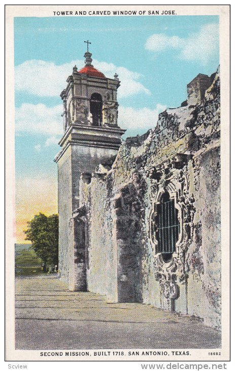 SAN ANTONIO, Texas; Tower and Carved Window of San Jose, Second Mission, Buil...