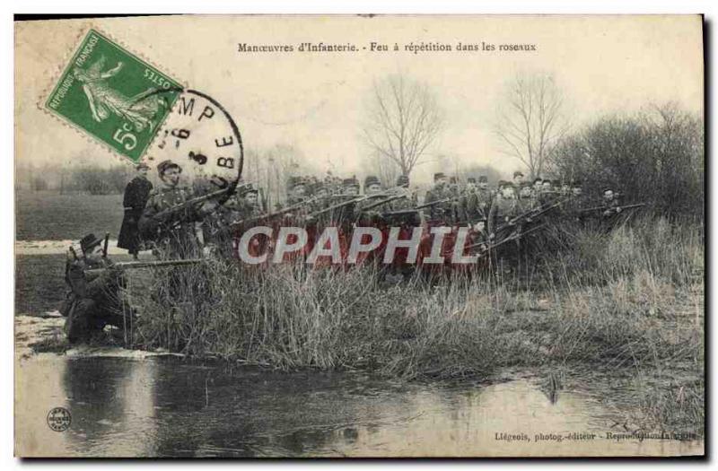 Old Postcard Army Maneuvers d & # 39infanterie Feu repetition in the reeds