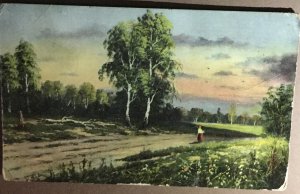 Old Postcard Woman In Meadow with Beautiful Sunrise, Scenic Card