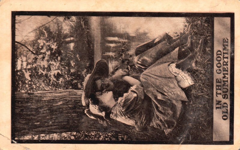 Vintage Postcard Lovers Couple Dating Near The Lake In The Goof Old Summertime