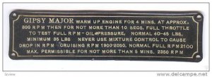 Instrument Panel Label, De Havilland GIPSY MAJOR Engine Circa 1932