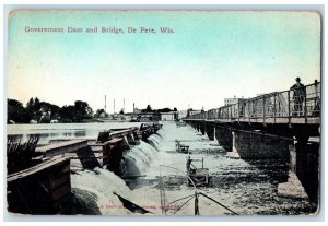 c1910 Government Dam Bridge River Lake Exterior Falls De Pere Wisconsin Postcard