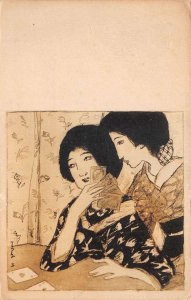 Japanese Women Playing Card Game Geisha Girls Artist Signed Postcard AA109435