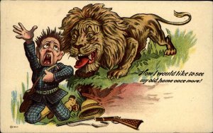 Lion Gets Ready to Eat Scared Hunter Hunting Comic c1910 Vintage Postcard