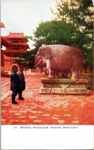 Imperial Mausoleum, Mukden Manchuria postcard elephant China men pagoda