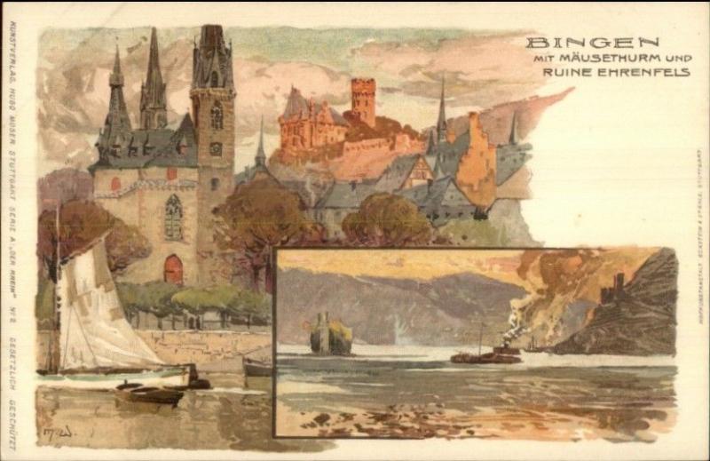 Bingen am Rhein Germany MW Fine Litho Artist Drawn Views c1900 Postcard