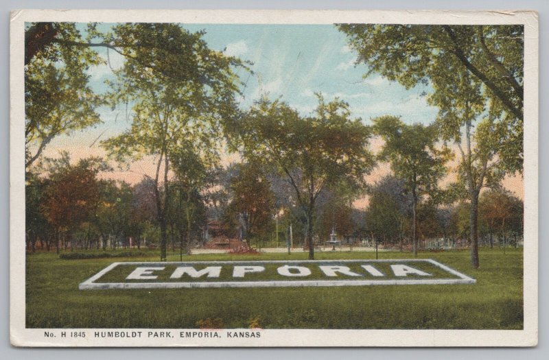 Emporia Kansas~Humboldt Park~Large Letters on Lawn~1925 Fred Harvey Postcard