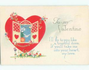 Pre-Linen valentine BIRD FLIES THROUGH WINDOW OF HEART-SHAPED HOUSE J1030