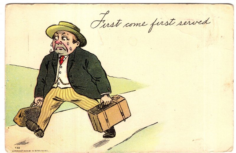 First Come First Served, Vintage  Humour, Crying Man with Suitcases,